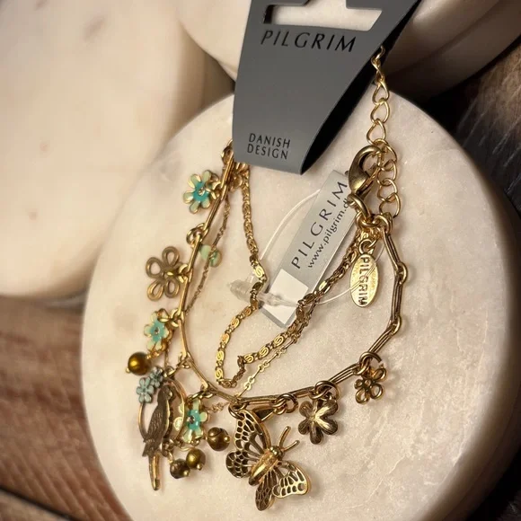 (#65) Pilgrim Gold Necklace with Green Floral Charms - Picture 2 of 4